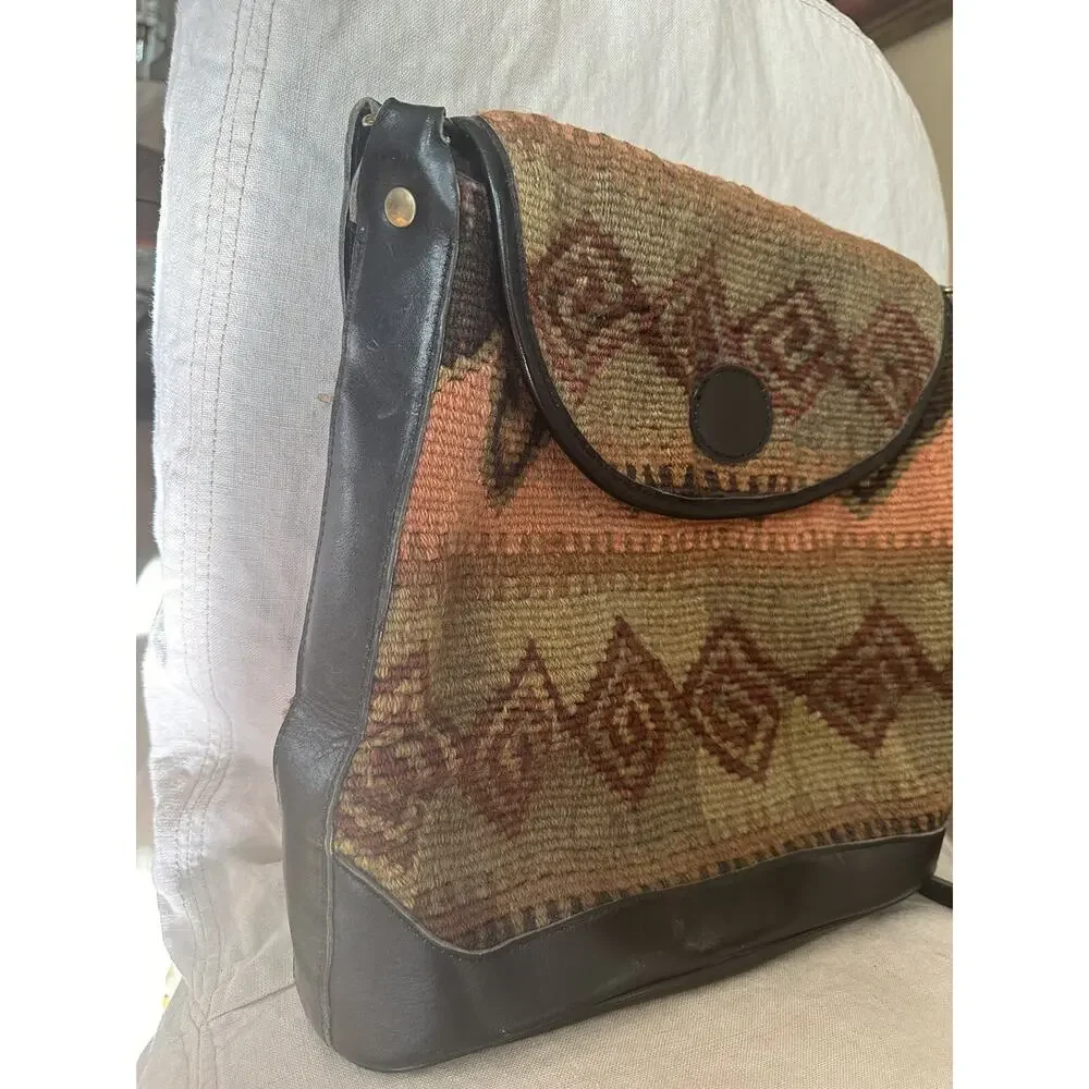 Vintage Purse Woven Jute Leather Crossbody Black Brown Rug Kilim Messenger Bag - Picture 13 of 16